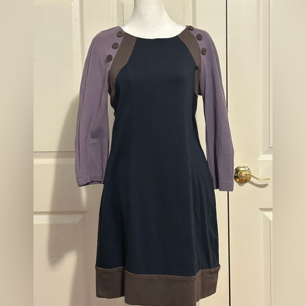 BCBGMAXAZRIA purple, blue, and gray dress with button detail on shoulder, Medium